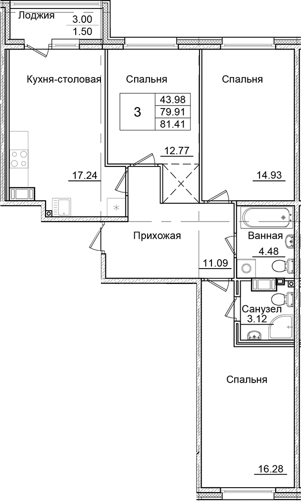 3-комнатная квартира 81.41 м², 9/9 эт., ЖК «Квартал Заречье»